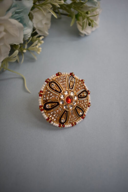 Beautiful Designer Kundan Pearls Meenakari Floral Ring
