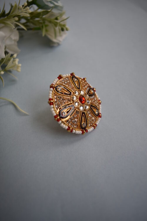 Beautiful Designer Kundan Pearls Meenakari Floral Ring