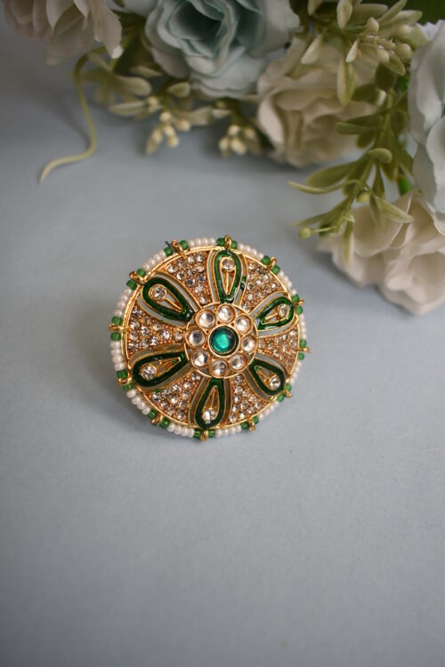 Beautiful Designer Kundan Pearls Meenakari Floral Ring