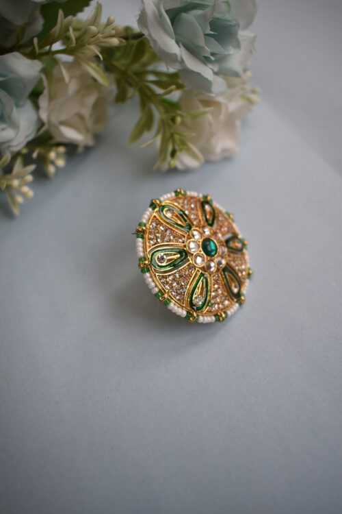 Beautiful Designer Kundan Pearls Meenakari Floral Ring