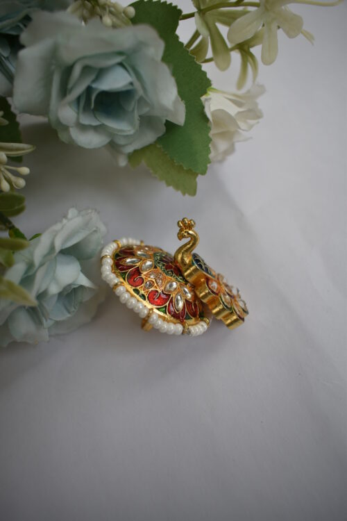 Traditional Gold Plated Rajasthani Peacock Finger Ring with Pearl