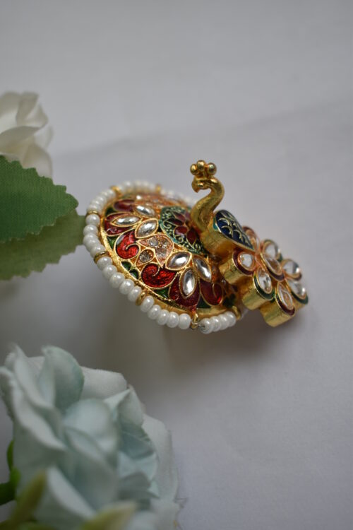 Traditional Gold Plated Rajasthani Peacock Finger Ring with Pearl