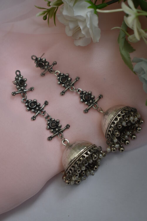 Beautiful German Silver Oxidised Chandelier jhumka earrings