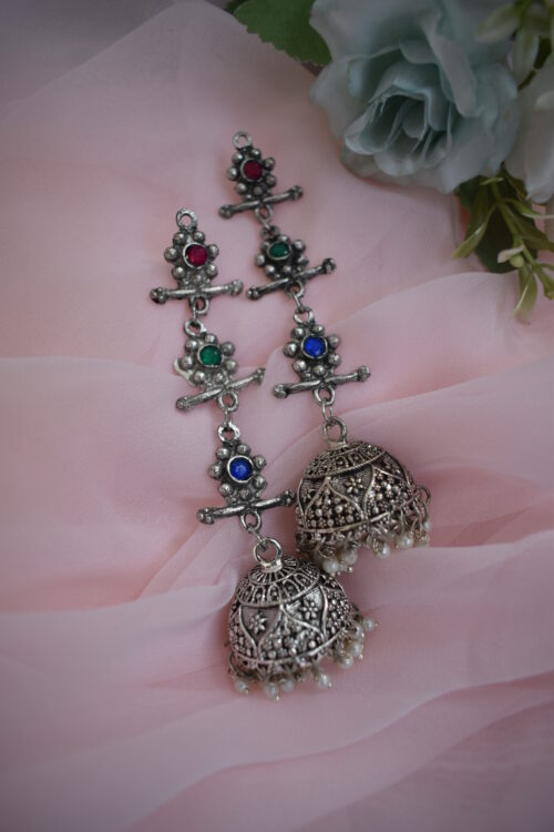 Beautiful Big German Silver Oxidised Multicolor Chandelier jhumka earrings