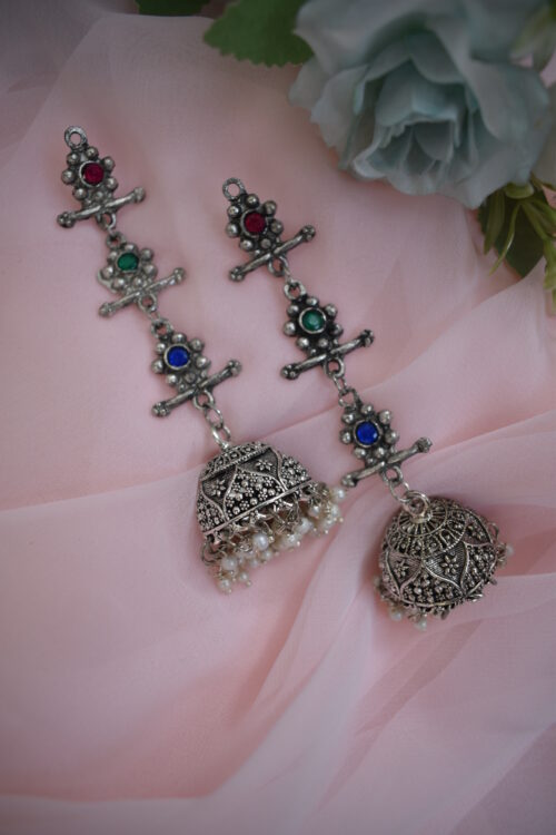 Beautiful Big German Silver Oxidised Multicolor Chandelier jhumka earrings - Image 5