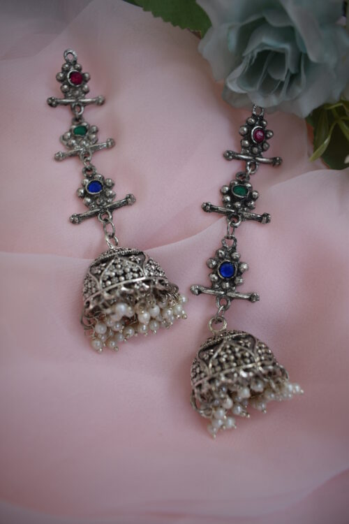 Beautiful Big German Silver Oxidised Multicolor Chandelier jhumka earrings - Image 4