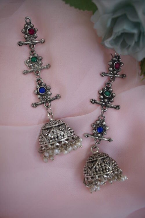 Beautiful Big German Silver Oxidised Multicolor Chandelier jhumka earrings - Image 3