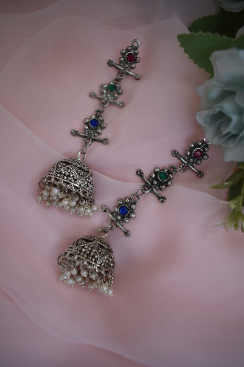 Beautiful Big German Silver Oxidised Multicolor Chandelier jhumka earrings - Image 2