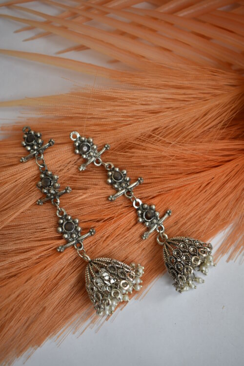 German Silver Oxidised Tassel Jhumka Earrings
