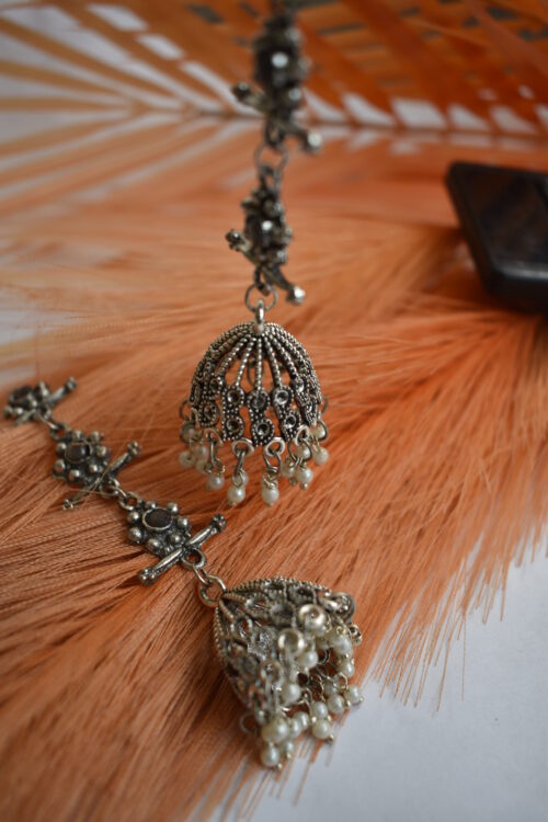 German Silver Oxidised Tassel Jhumka Earrings