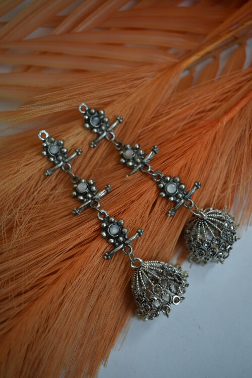 German Silver Oxidised Tassel Jhumka Earrings