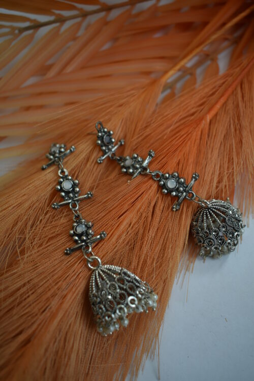 German Silver Oxidised Tassel Jhumka Earrings