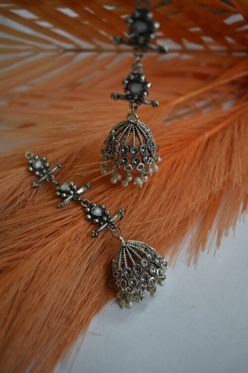 German Silver Oxidised Tassel Jhumka Earrings