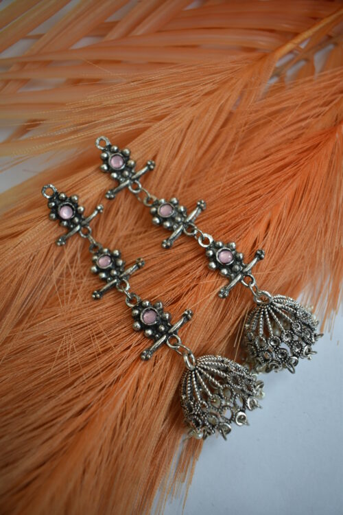 German Silver Oxidised Tassel Jhumka Earrings
