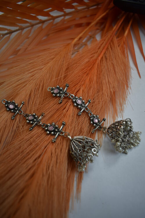 German Silver Oxidised Tassel Jhumka Earrings