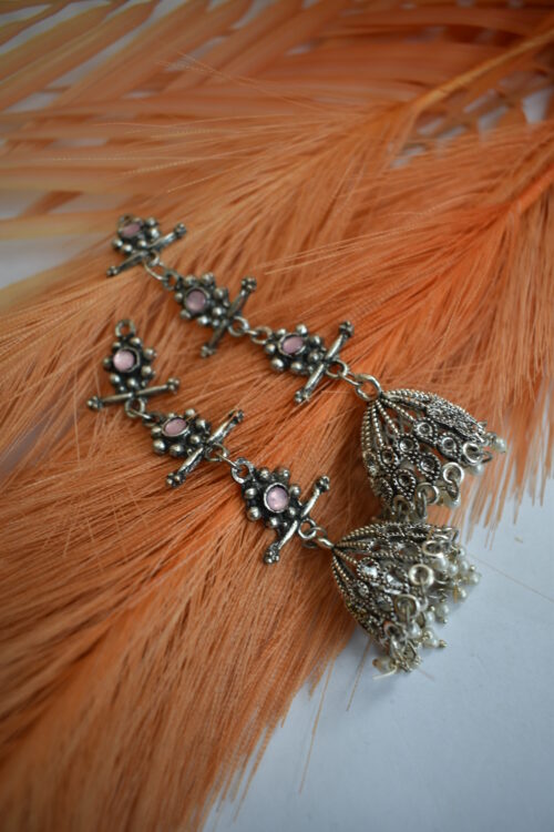 German Silver Oxidised Tassel Jhumka Earrings