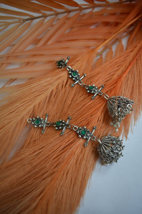 German Silver Oxidised Tassel Jhumka Earrings