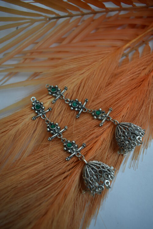 German Silver Oxidised Tassel Jhumka Earrings