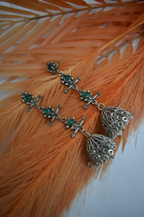 German Silver Oxidised Tassel Jhumka Earrings