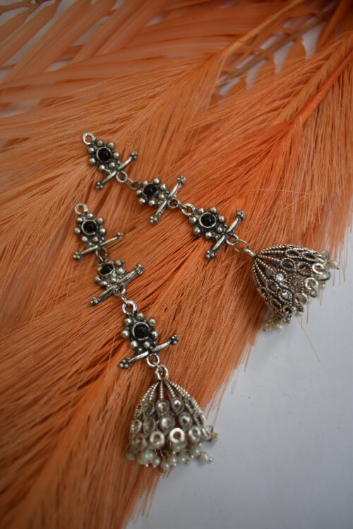 German Silver Oxidised Tassel Jhumka Earrings