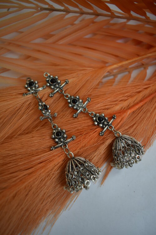 German Silver Oxidised Tassel Jhumka Earrings