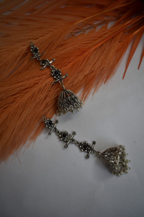 German Silver Oxidised Tassel Jhumka Earrings