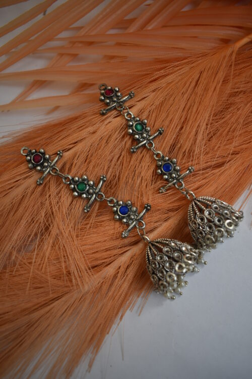 German Silver Oxidised Multicolor Tassel Jhumka Earrings - Image 3