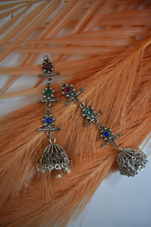 German Silver Oxidised Multicolor Tassel Jhumka Earrings