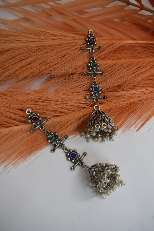German Silver Oxidised Multicolor Tassel Jhumka Earrings - Image 2